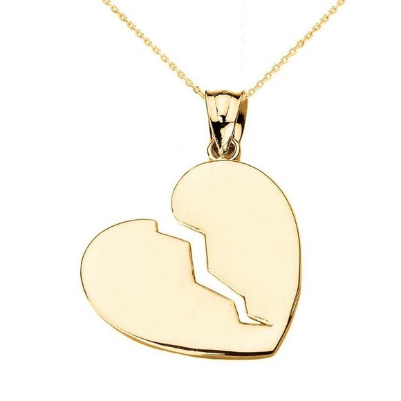14k Solid Gold Broken Heart Pendant Necklace - Picture 1 of 11